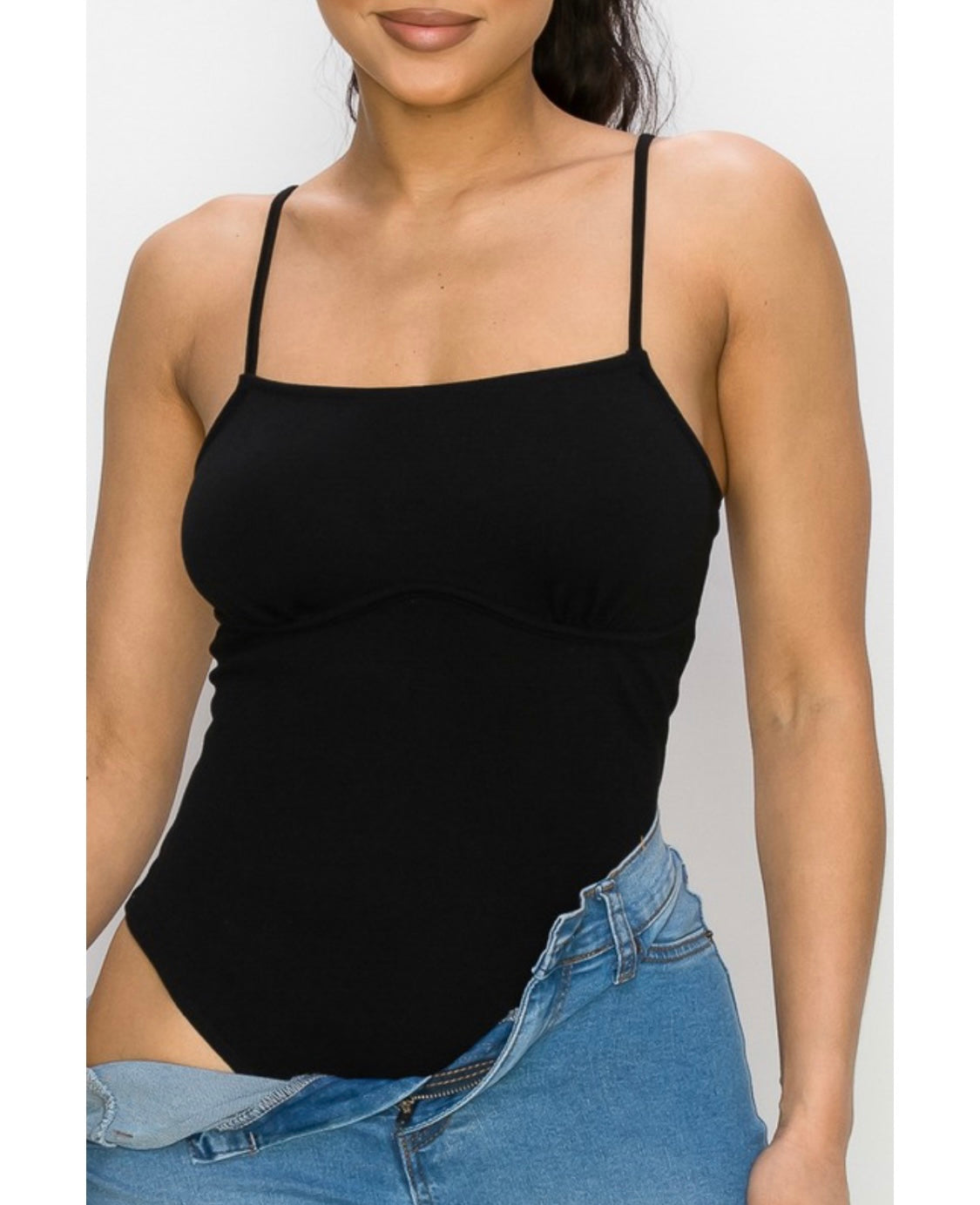 Black Spaghetti Strap Bustier Stitch Bodysuit Front